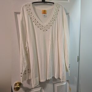 Ruby Rd. Ivory V-Neck Embellished Women's Top
